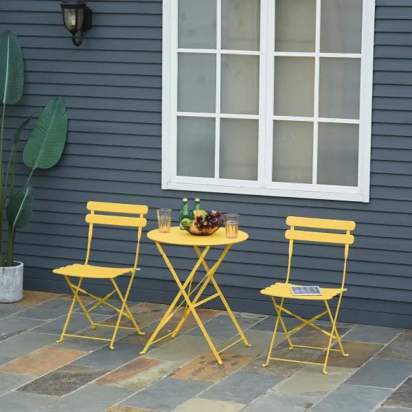 Conjunto de móveis de jardim dobrável de 3 peças Mesa de metal e 2 cadeiras Ø60x71 cm amarelo