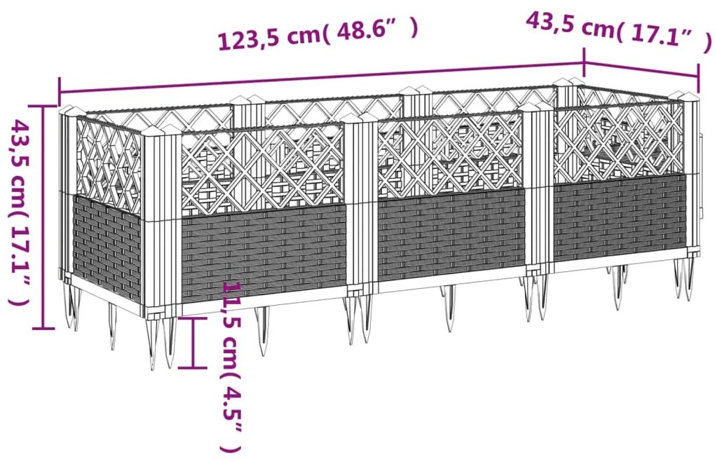 Vaso/floreira jardim c/ estacas 123,5x43,5x43,5 cm PP castanho