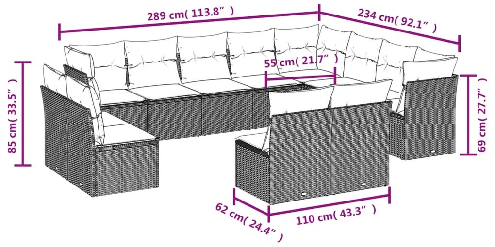 12 pcs conjunto de sofás jardim com almofadões vime PE castanho