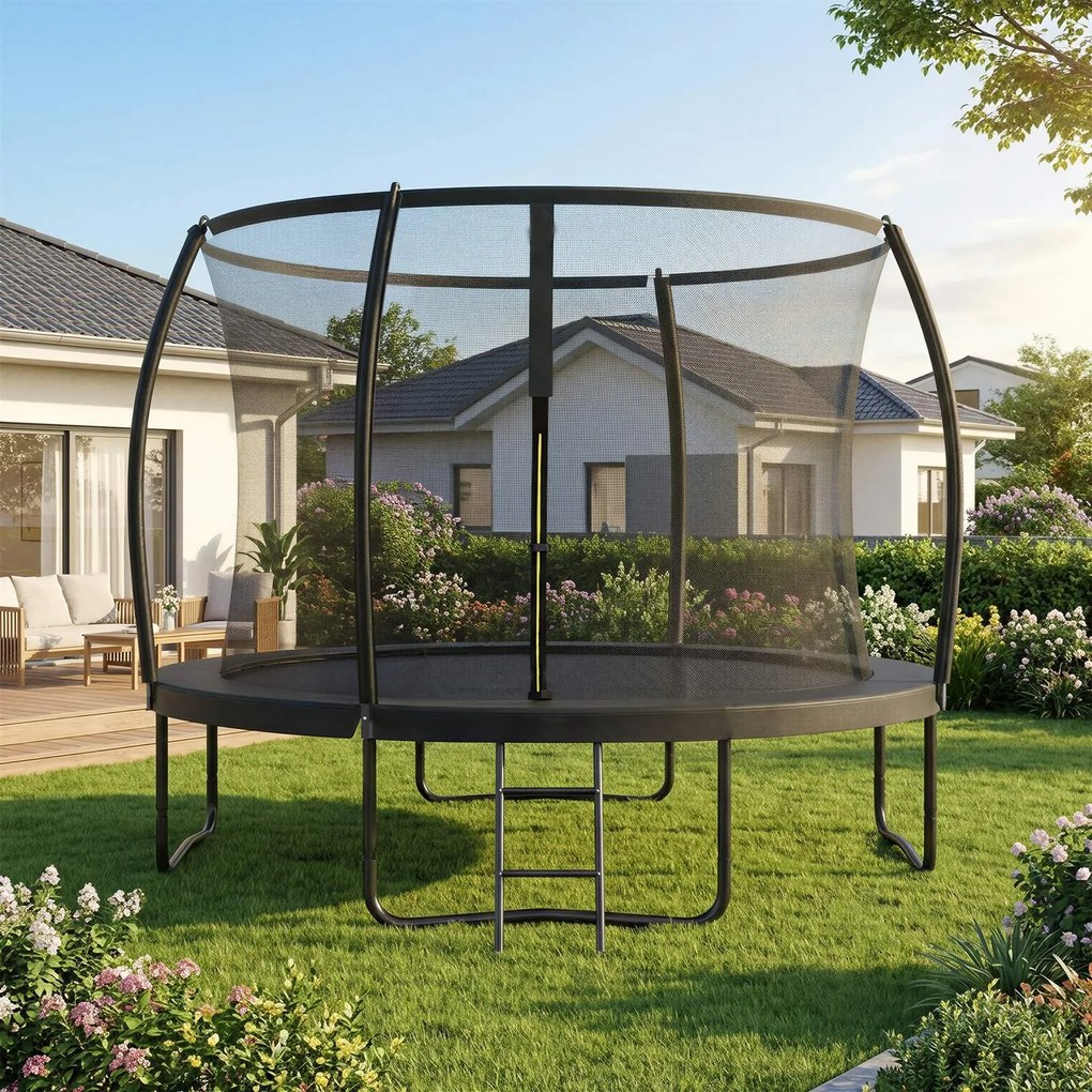 Trampolim de 305 cm de diâmetro, trampolim de jardim com rede de segurança, varas curvas com 180 cm de altura Preto