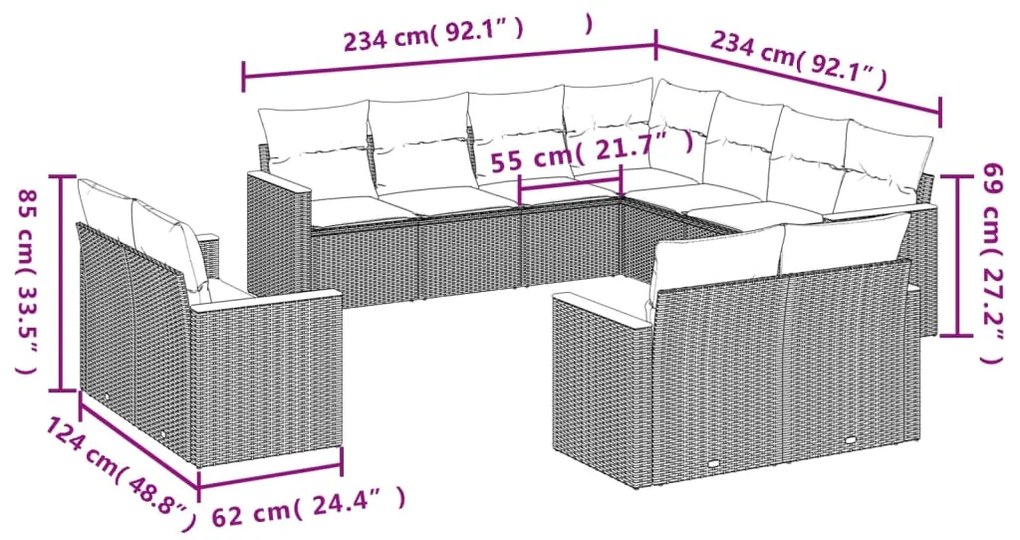 11 pcs conjunto sofás de jardim c/ almofadões vime PE preto