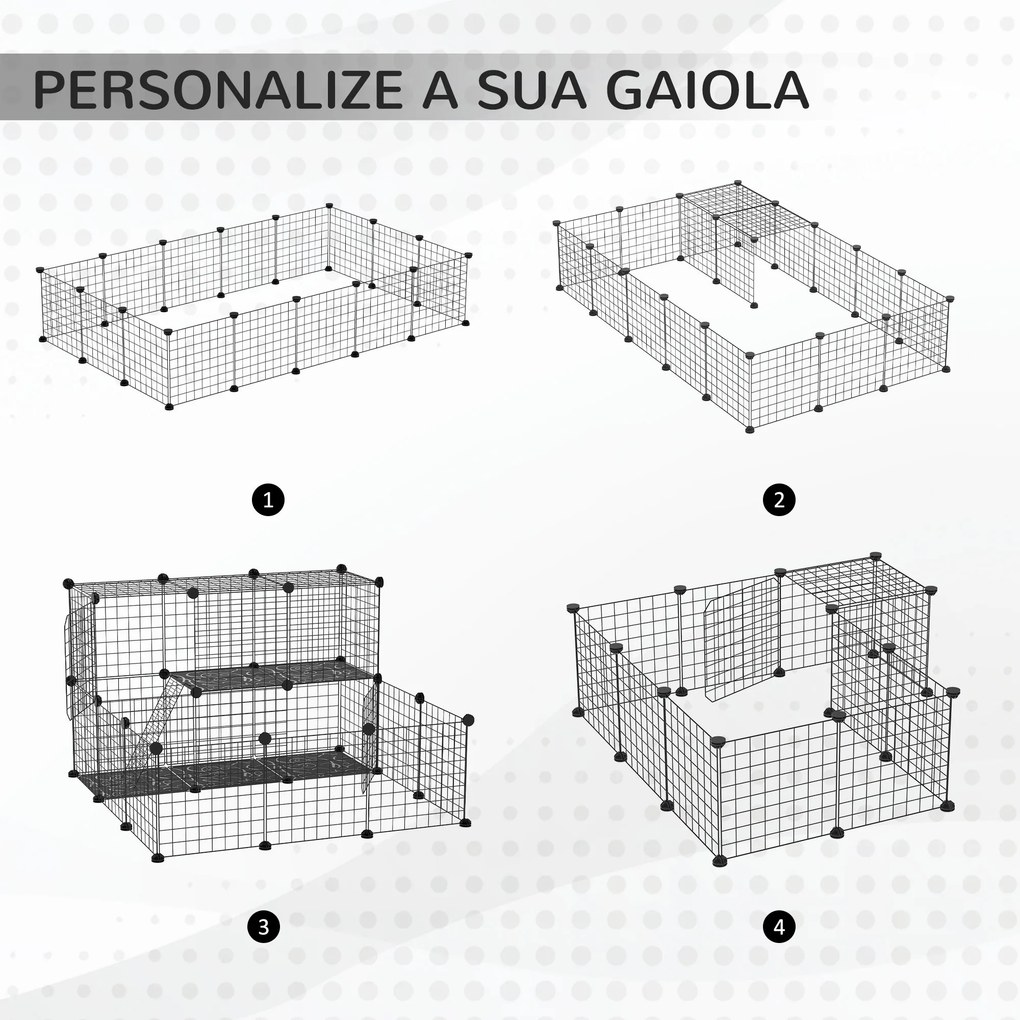 Cerca para Pequenos Animais DIY com 24 Painéis Parque para Animais de Estimação com Grade Metálica Gaiola Modular para Coelhos Chinchilas 105x105x70cm