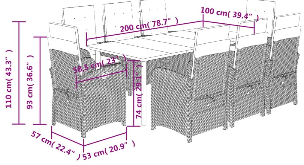 9 pcs conjunto de jantar p/ jardim c/ almofadões vime PE cinza