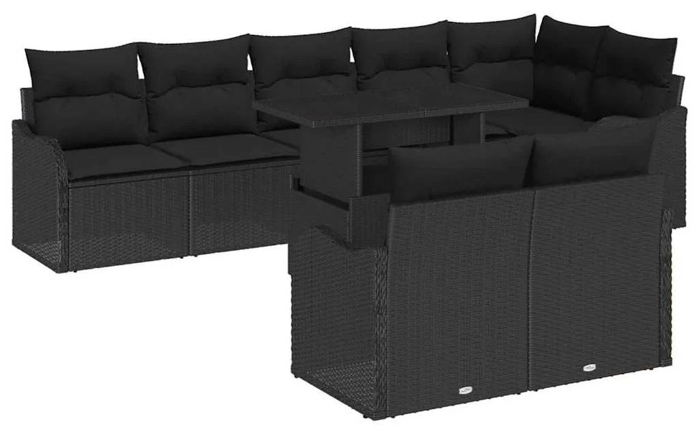 vidaXL Conjunto de Sofá de Jardim 9 Peças com Almofadas em Rattan Poliéster Preto