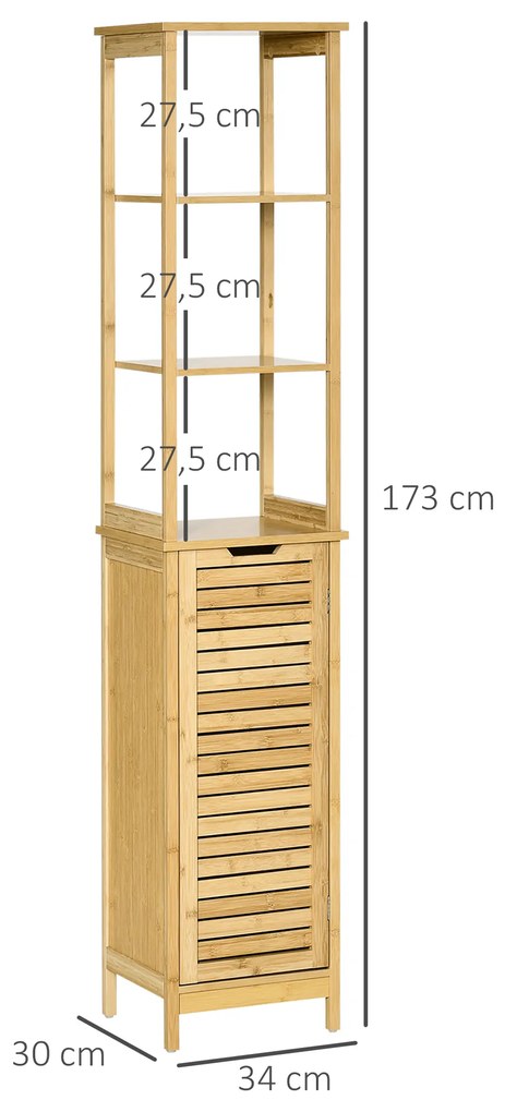 kleankin Coluna Casa de Banho de Bambú Coluna Alta para Casa de Banho com 3 Prateleiras e 1 Porta Móvel de Armazenamento para Sala de Estar Cozinha 34x30x173cm Natural