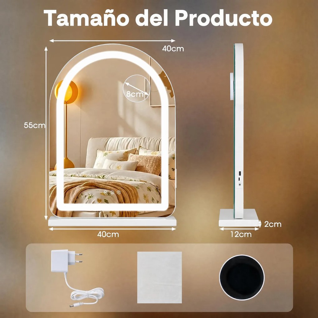Espelho de Maquilhagem, 40 x 12 x 55 cm, Luz LED de Três Cores Regulável, Branco