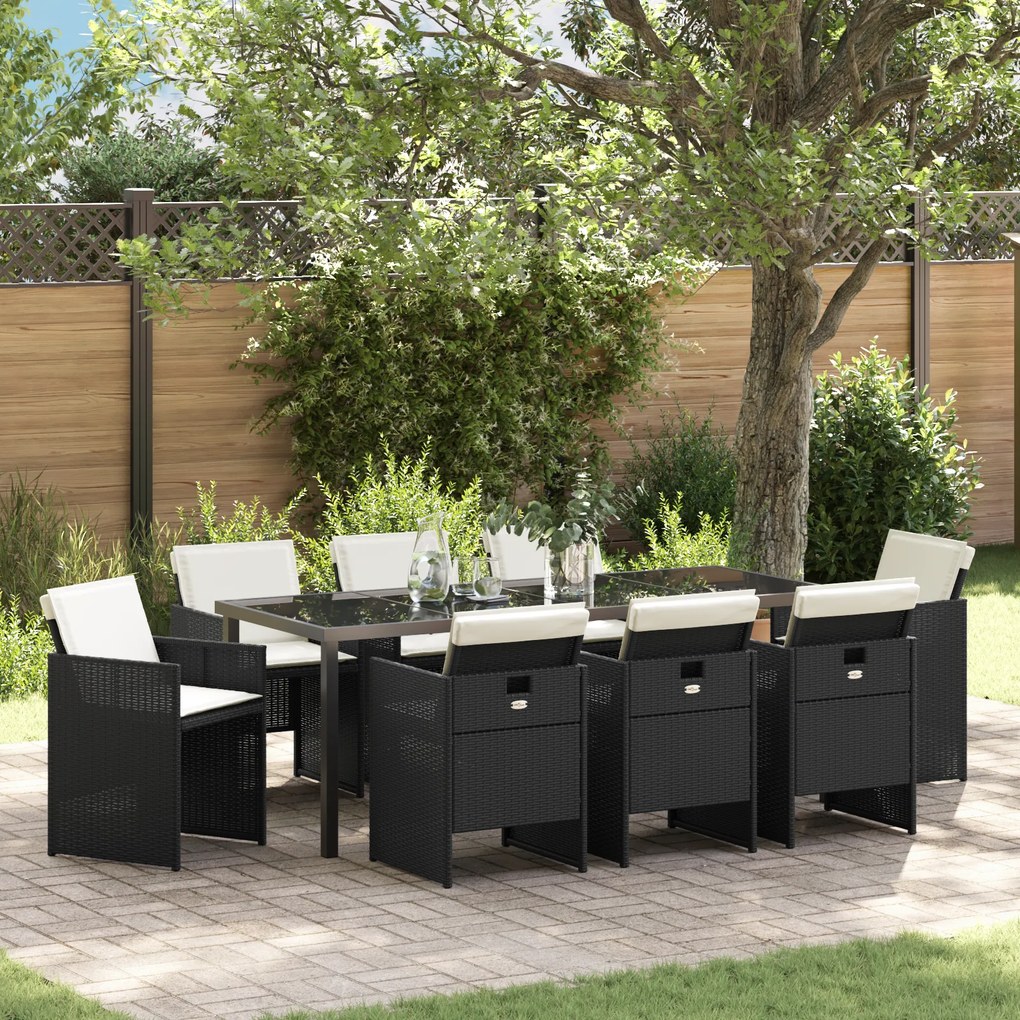 Conjunto de Jantar para Jardim de 9 Peças com Almofadas Preto Rattan P