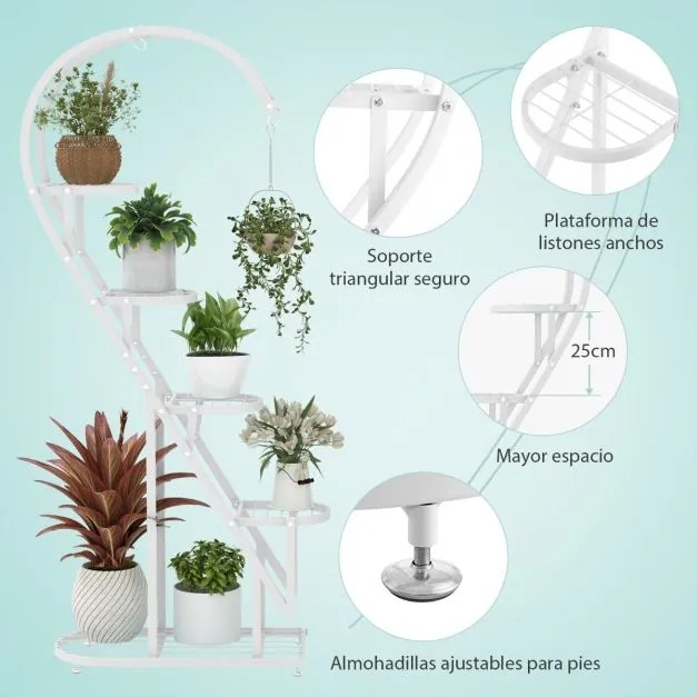 Conjunto de 2 suportes metálicos de 5 níveis para plantas com escada em forma de coração e gancho para pendurar 71 x 30,5 x 148 cm Brancos