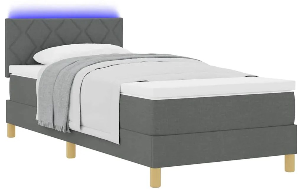 Cama Box Spring com Colchão &amp; LED Cinza Escura 90x190 cm Tecido