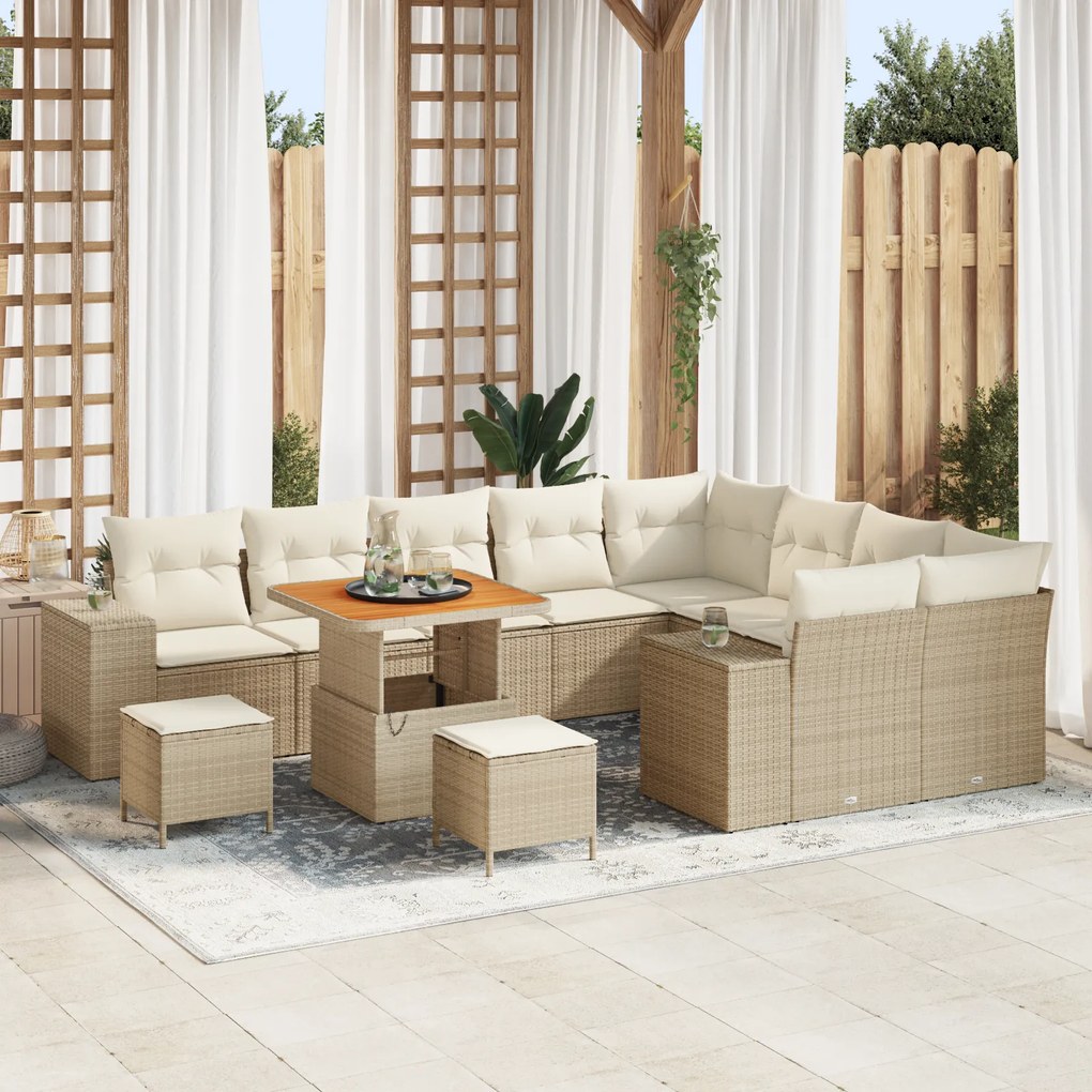 Conjunto de Sofá de Jardim vidaXL de 12 Peças com Almofadas Bege Ratta