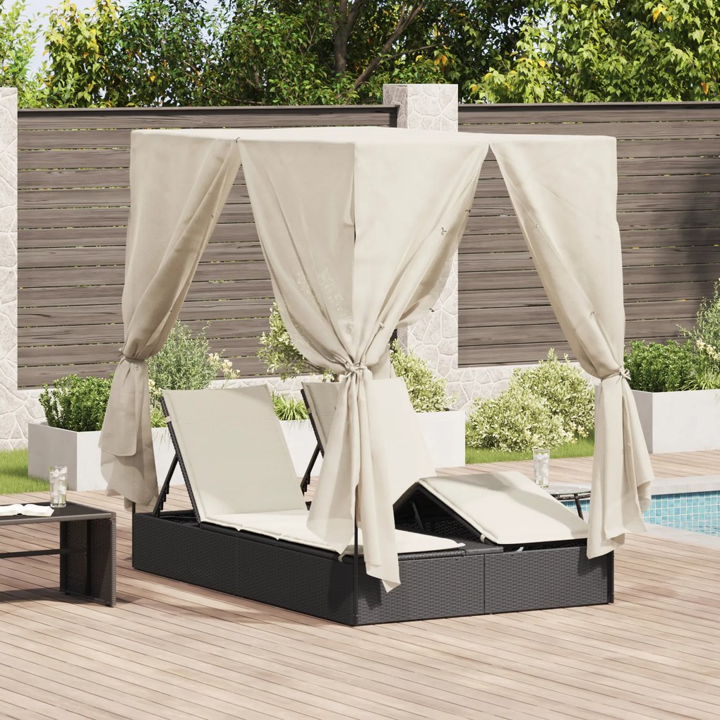 Chaise Longue Dupla vidaXL com Teto e Cortinas Rattan Preto