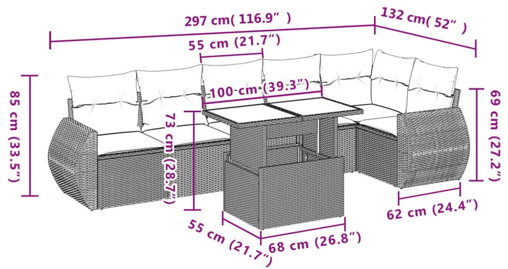 7 pcs conjunto de sofás jardim c/ almofadões vime PE castanho