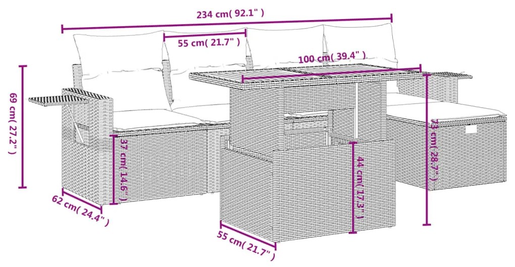 6 pcs conjunto sofás de jardim com almofadões vime cinzento