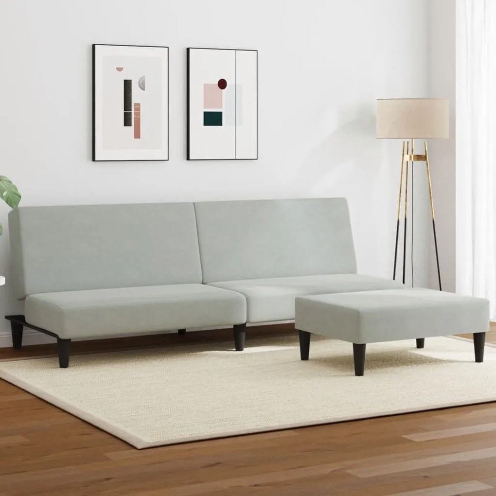 Sofá-cama 2 lugares c/ apoio de pés veludo cinza-claro