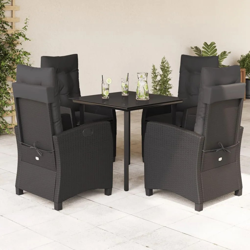 5 pcs conjunto de jantar p/ jardim c/ almofadões vime PE preto