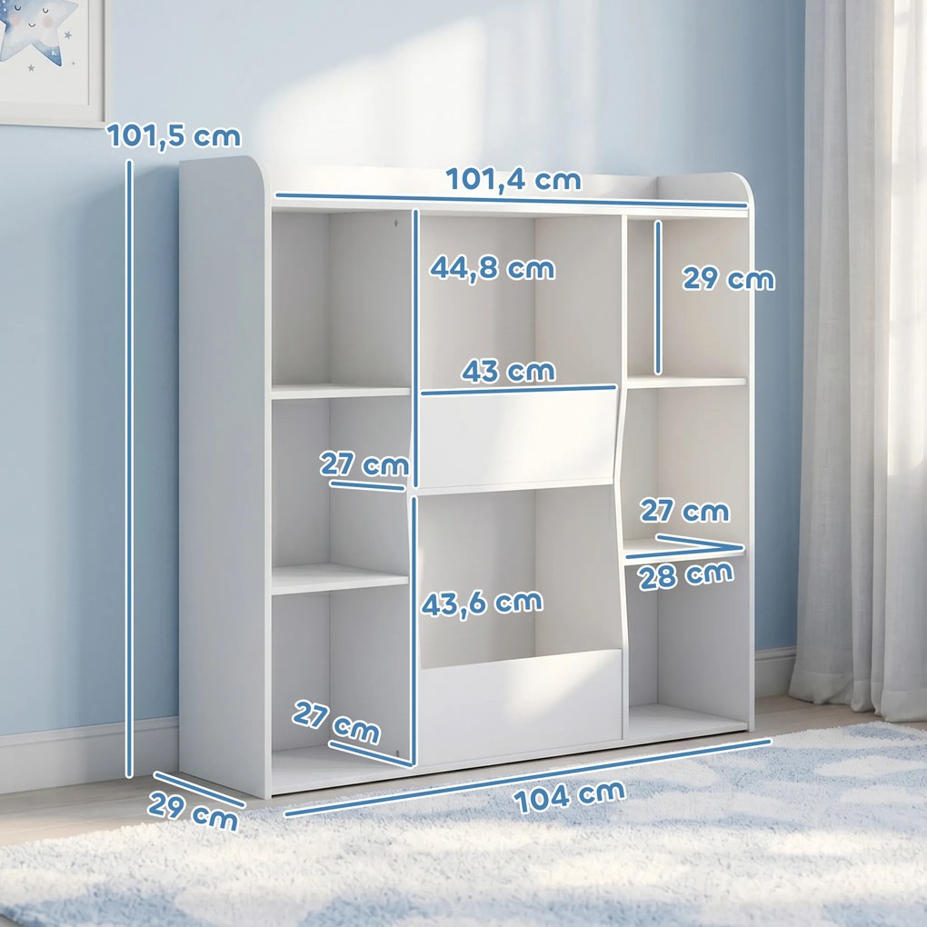 Móvel de arrumação infantil, estante infantil com 8 compartimentos e prateleira superior, 104 x 29 x 101,5 cm, branco
