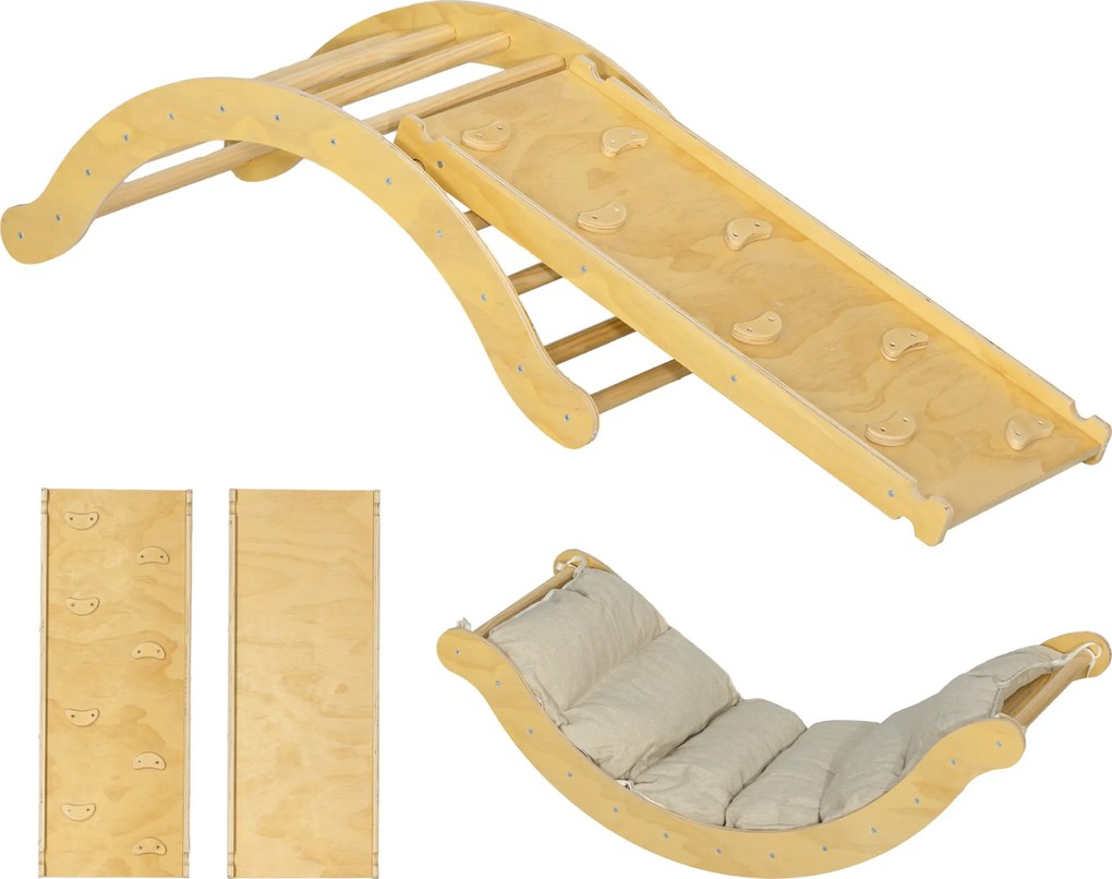 AIYAPLAY Arco de Escalada 4 em 1 com Cadeira de Balanço e Rampa Reversível 168x49,5x39,5 cm Pinho Natural | Aosom Portugal