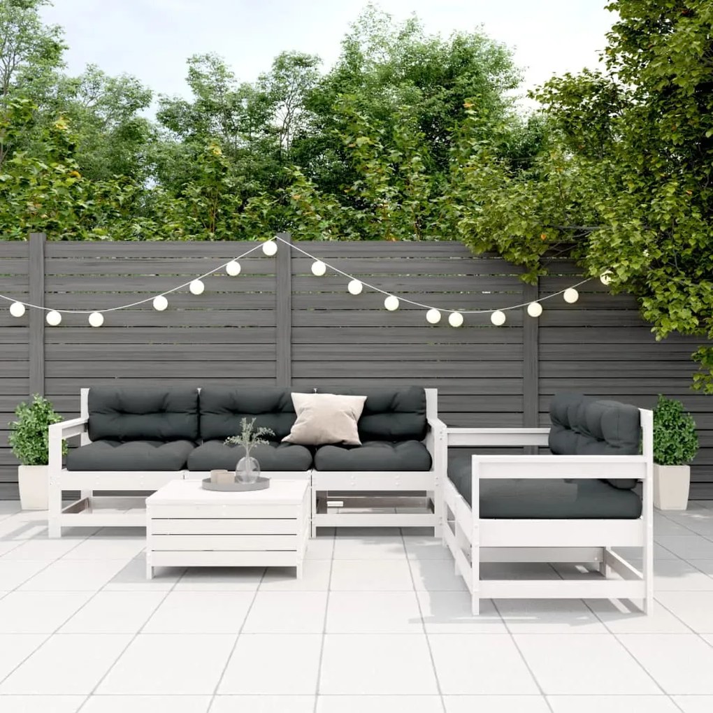 6 pcs conjunto lounge jardim c/ almofadões pinho maciço branco