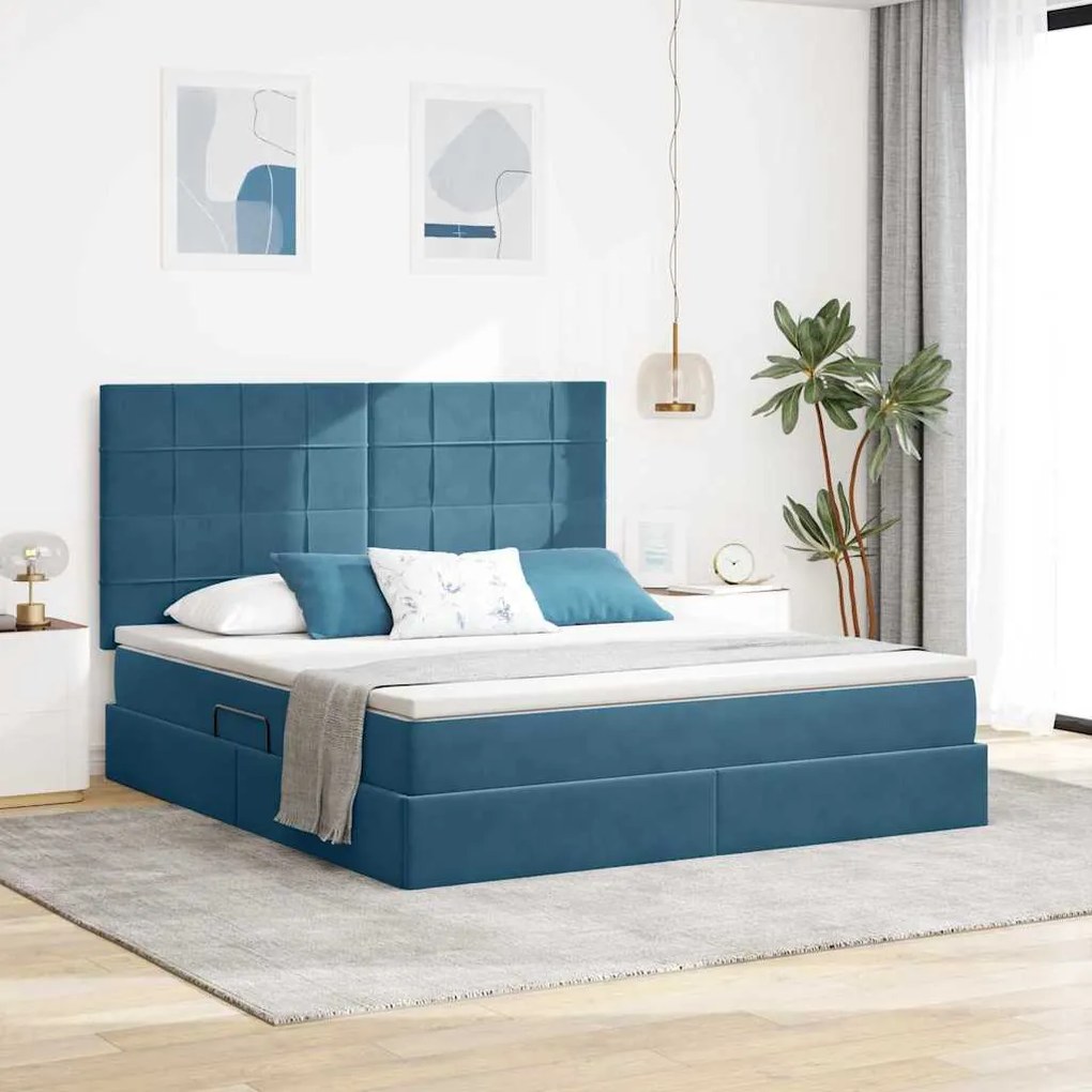 vidaXL Cama com arrumação e LED Azul Escuro 160 x 200 cm Veludo