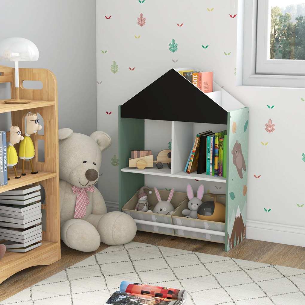 Estante para Brinquedos Organizador Infantil com Prateleiras Abertas e Caixas de Tecido não Tecido Amovíveis 62x27x90cm Verde