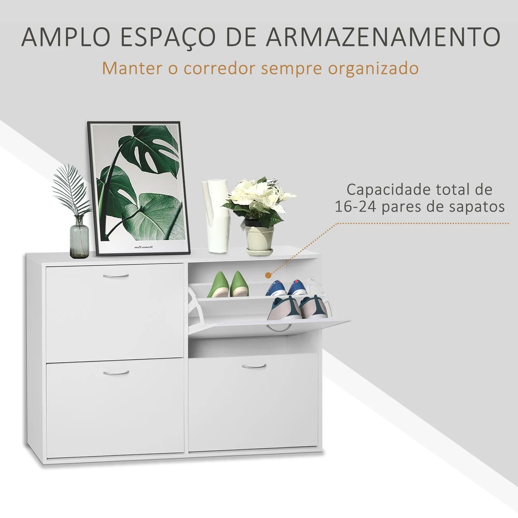 HOMCOM Móvel Sapateira Branca Sapateira Moderna com 4 Gavetas Abatíveis e Prateleiras Ajustáveis para 16-24 Pares de Sapatos para Corredor Entrada 120x24x81 cm Branco