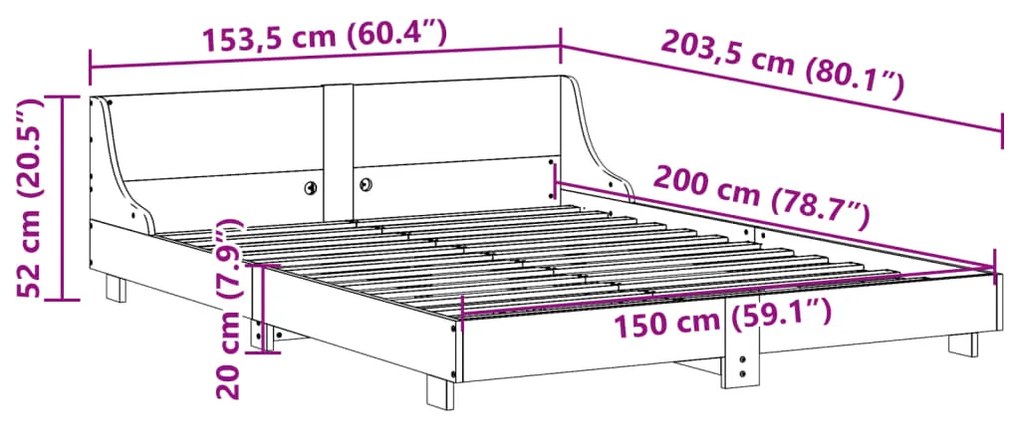 Estrutura de cama c/ cabeceira 150x200 cm pinho maciço