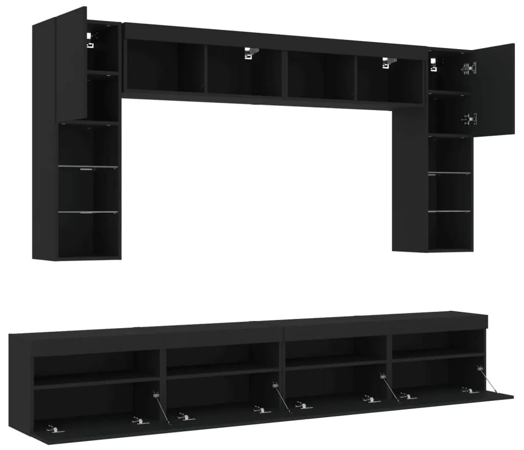 8 pcs conjunto de móveis de parede para TV com luzes LED preto