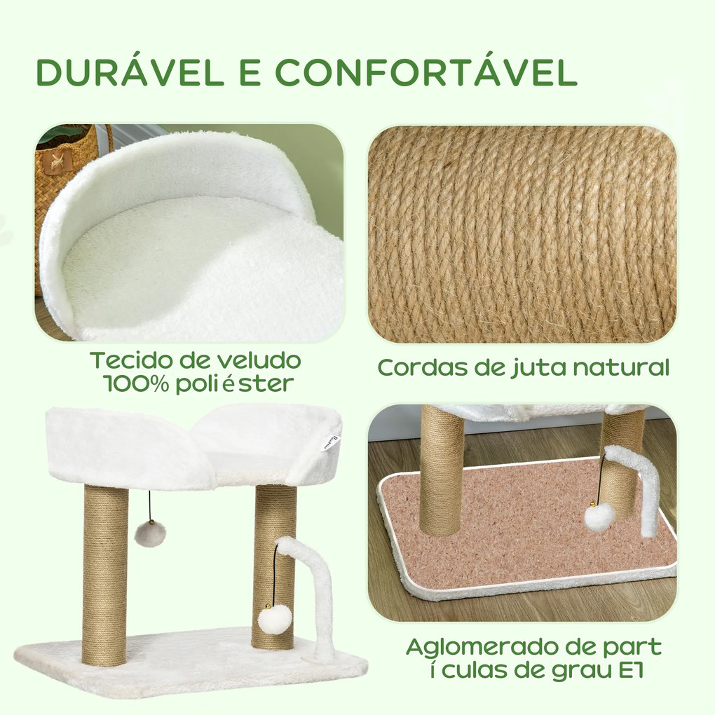 Arranhador para Gatos Pequenos Altura 42 cm Arranhador para Gatos com Cama Bolas Supensas e Postes de Juta 48x38x42 cm Branco