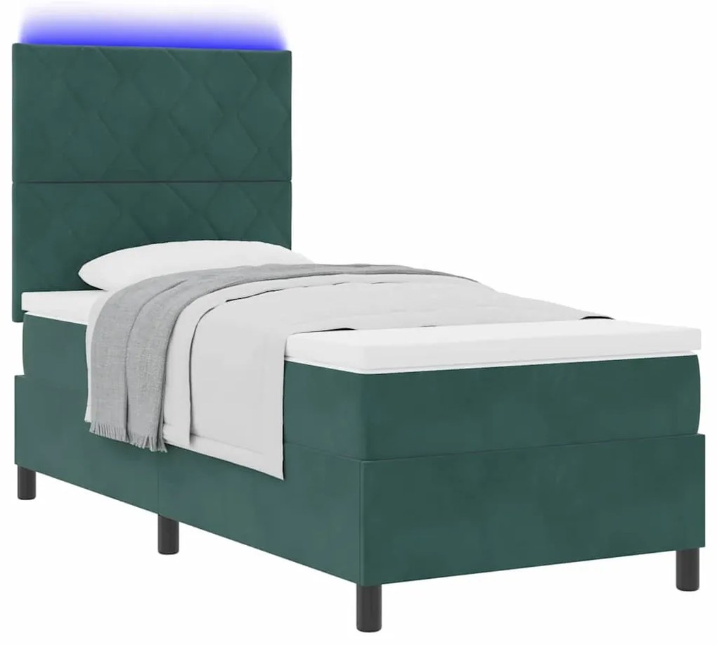 Cama Box Spring vidaXL com Colchão e LED Verde Escuro 100x200 cm Velud