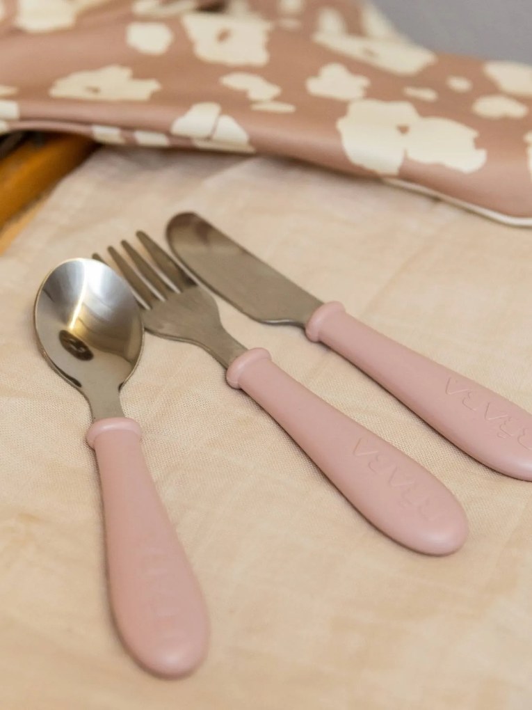 Conjunto de 3 talheres de aprendizagem Montessori, em inox, da BEABA rosa