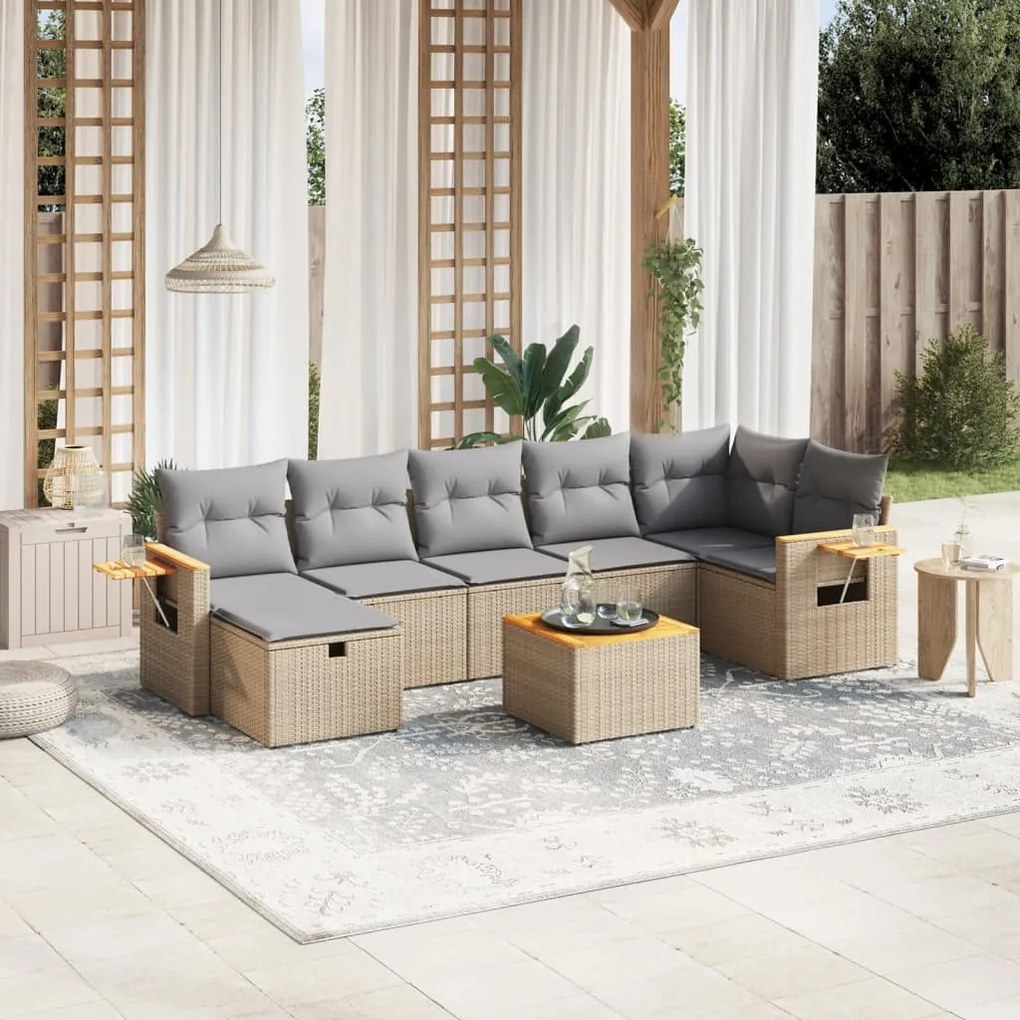 vidaXL 8 pcs conj. sofás jardim c/ almofadões vime PE bege misturado