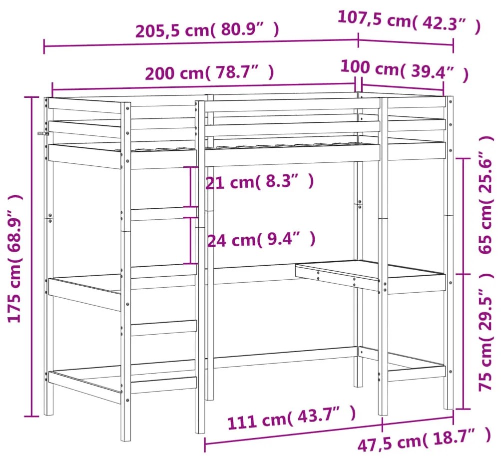 Cama alta c/ secretária 100x200 cm pinho maciço castanho-mel