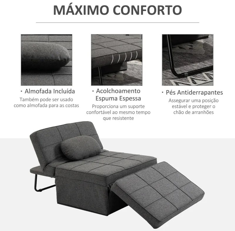 Sofá-Cama "Açores" 3 em 1 - Cinza - 95x179x78 cm - Linho e Metal - Des