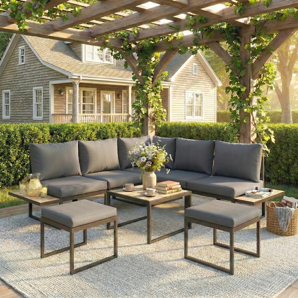 Conjunto de jardim para 6 pessoas, modular, com mesa baixa e extensões laterais em madeira PSPC e almofadas grossas de 10 cm, cinzentas