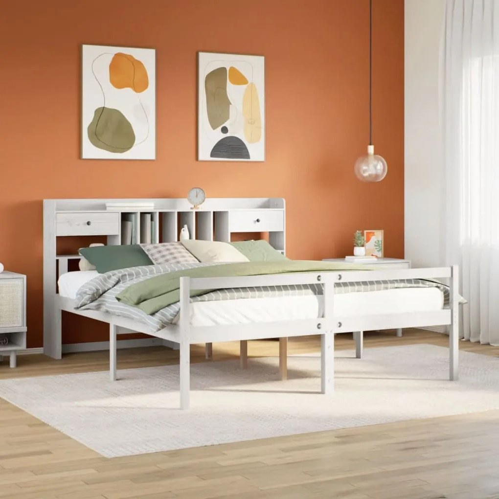 Cama com estante sem colchão 180x200 cm pinho maciço branco