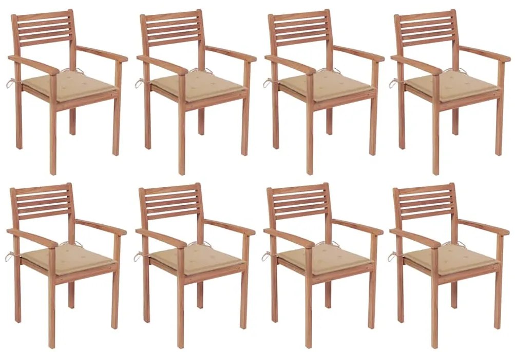 vidaXL Cadeiras de jardim empilháveis c/ almofadões 8 pcs teca maciça