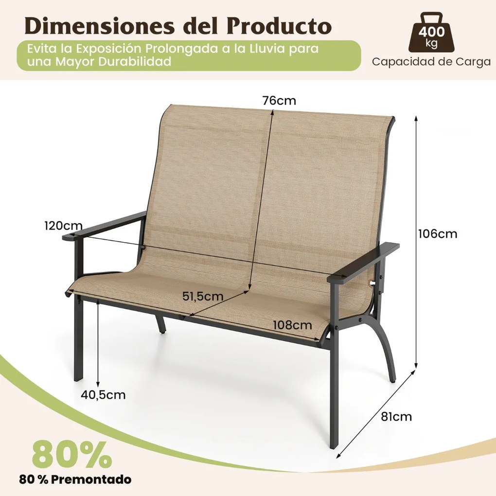 Banco de jardim com encosto ligeiramente inclinado 120 x 81 x 106 cm e apoios para os braços com estrutura metálica Castanho
