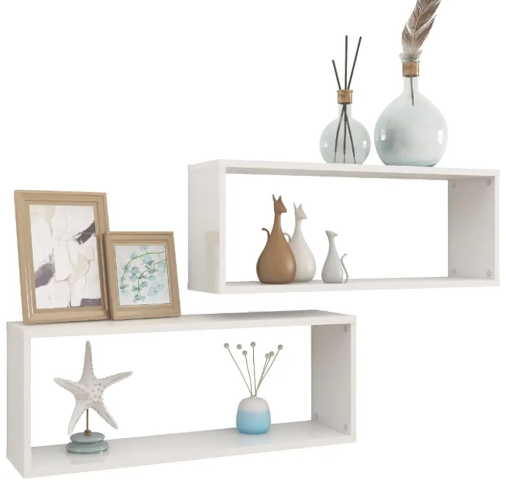 Prateleiras parede cúbicas 2 pcs deriv. madeira branco brilh.