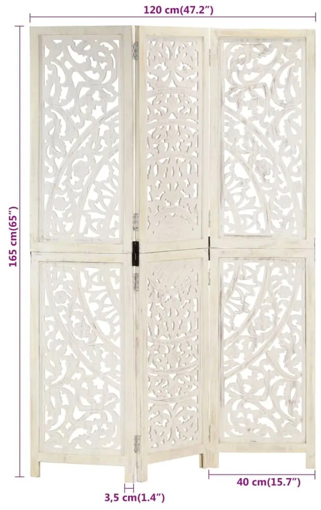Biombo esculp. mão 3 painéis 120x165 cm mangueira maciça branco