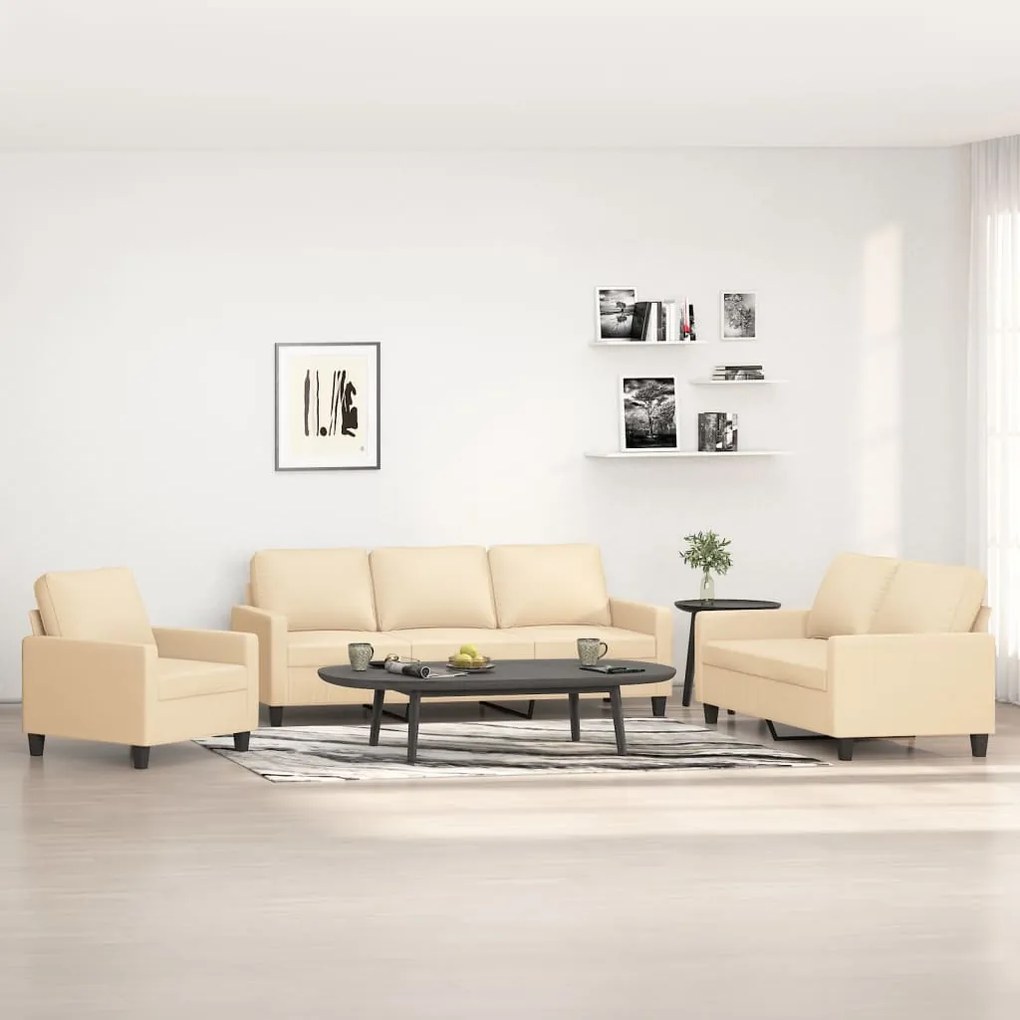 vidaXL 3 pcs conjunto de sofás com almofadões tecido cor creme