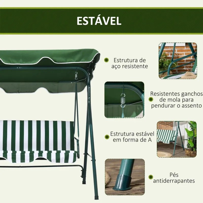 Baloiço de Jardim de 3 Lugares com Almofada e Toldo Ajustável - Verde