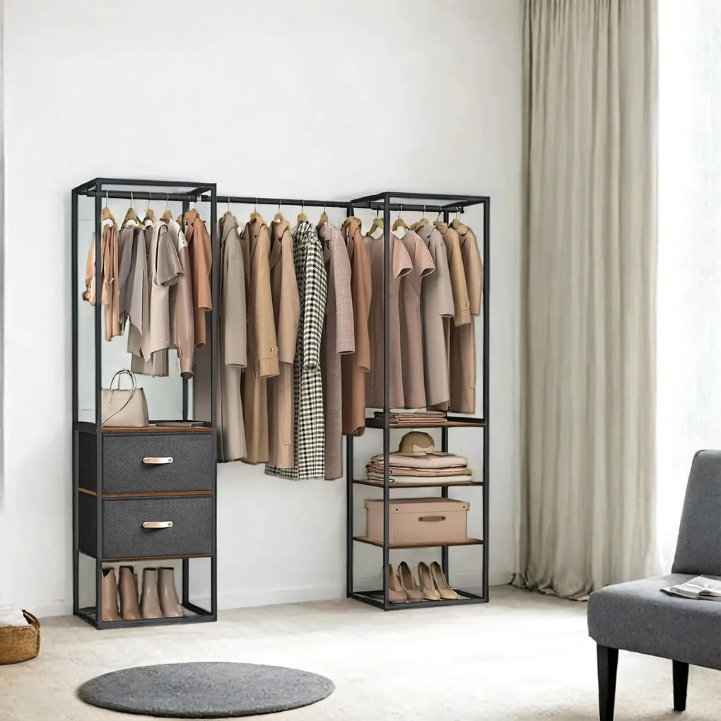 Guarda roupa aberto com 2 gavetas 40 x (150-180) x 180 cm castanho vintage e Preto