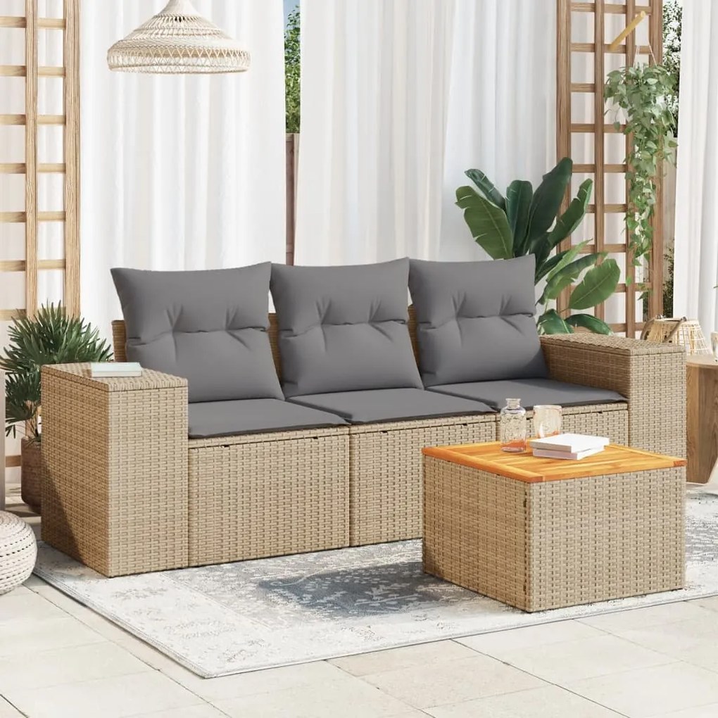 4 pcs conjunto de sofás para jardim c/ almofadões vime PE bege