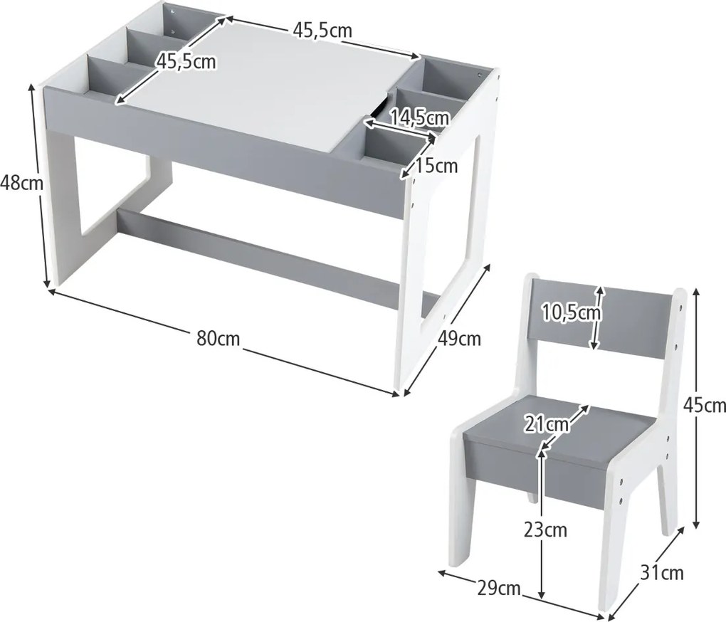 Conjunto Mesa multifuncional infantil com 2 cadeiras e tampo duplo com quadro negro e compartimentos removíveis cinza e branco