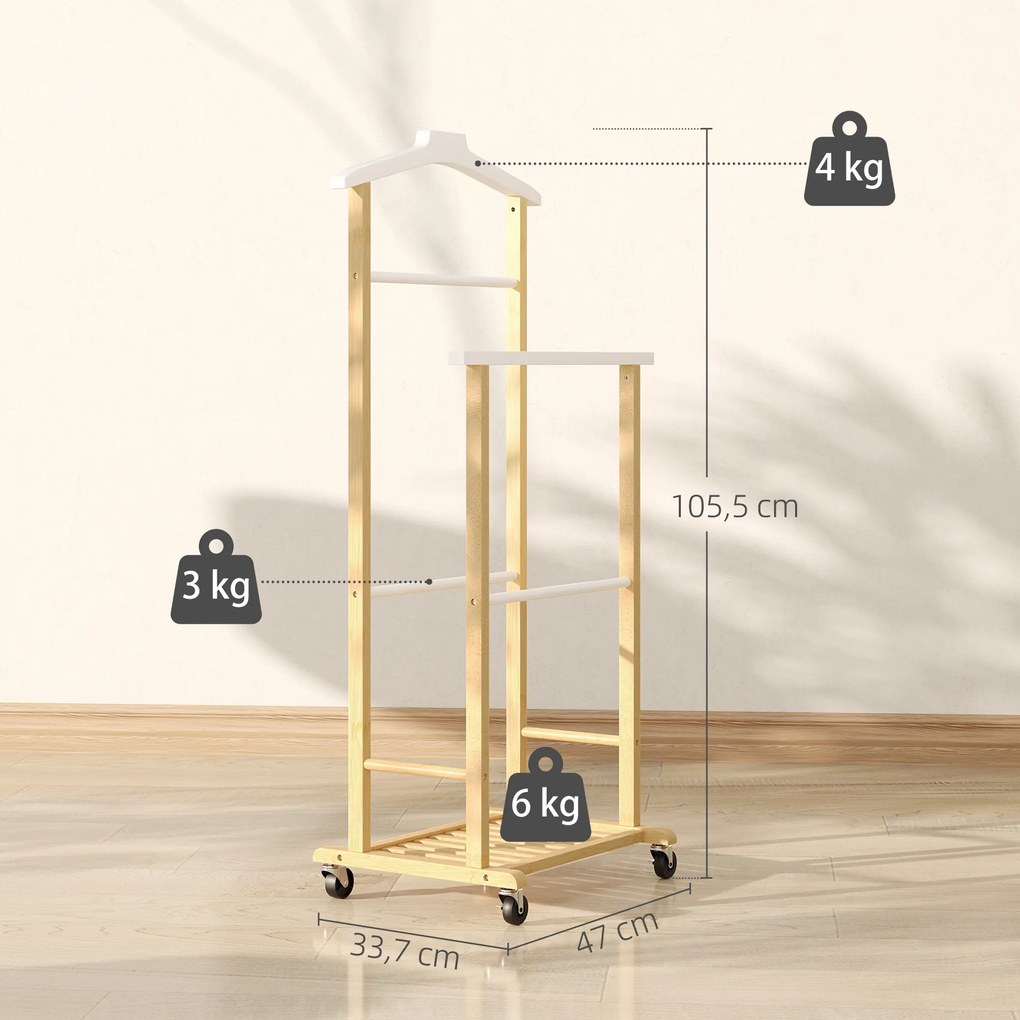 Cabide de Pé de Bambu com Rodas Cabide para Roupas com Barras para Calças e Prateleira Inferior para Sapatos Estilo Nórdico 47x33,7x105,5 cm Madeira e