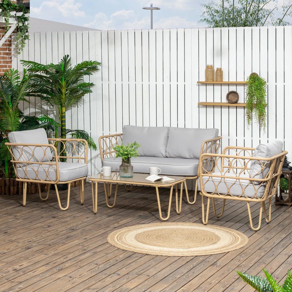 Outsunny Conjunto de Jardim de 4 Peças em Vime Sintético com 2 Poltron