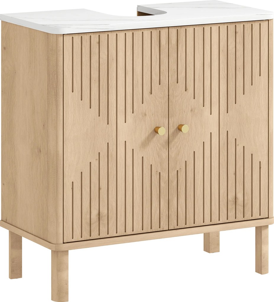 HOMCOM Móvel para Lavatório com Prateleira Ajustável e Tampo Efeito Mármore para Lavatório com ou sem Coluna 60x30x63 cm Carvalho | Aosom Portugal