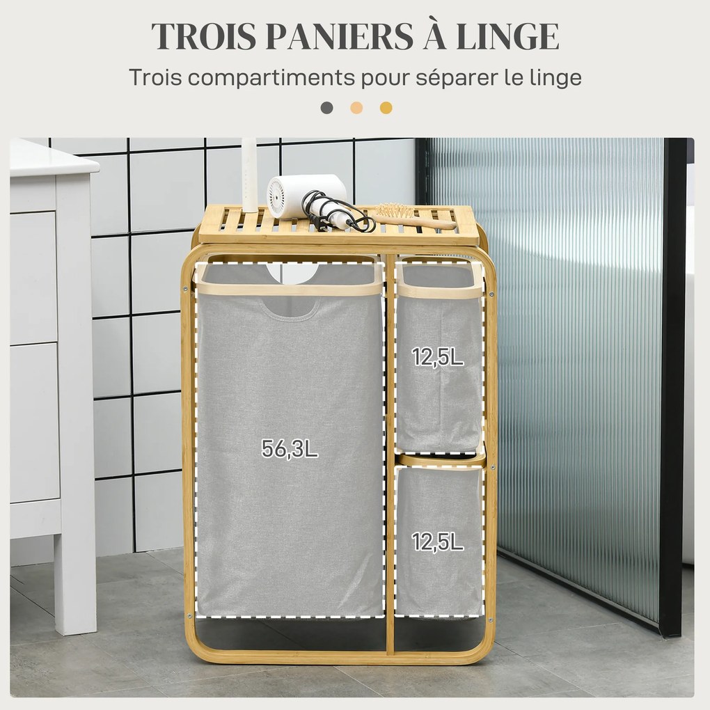 Cesto para roupa suja em bambu, 3 cestos - 49 L x 33 P x 70 A cm, cinzento
