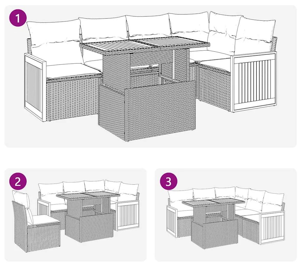 6 pcs conjunto sofás jardim com almofadões PE/acácia cinzento