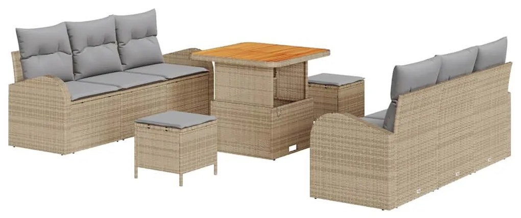 Sofá de Jardim 9 Peças com Almofadas Beiges em Rattan de Polipropileno